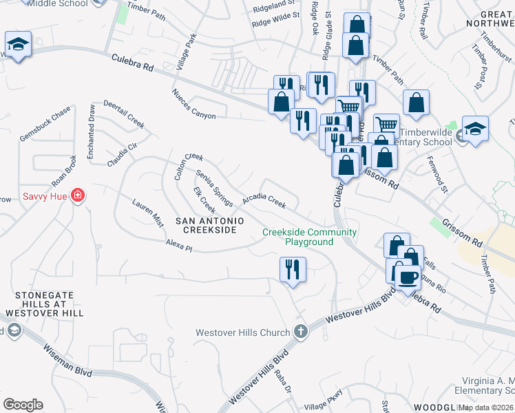 map of restaurants, bars, coffee shops, grocery stores, and more near 5010 Teal Falls in San Antonio