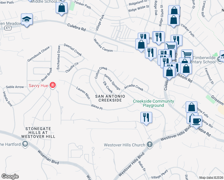 map of restaurants, bars, coffee shops, grocery stores, and more near 5127 Senisa Springs in San Antonio
