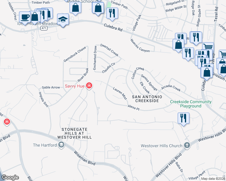 map of restaurants, bars, coffee shops, grocery stores, and more near 9874 Lauren Mist in San Antonio