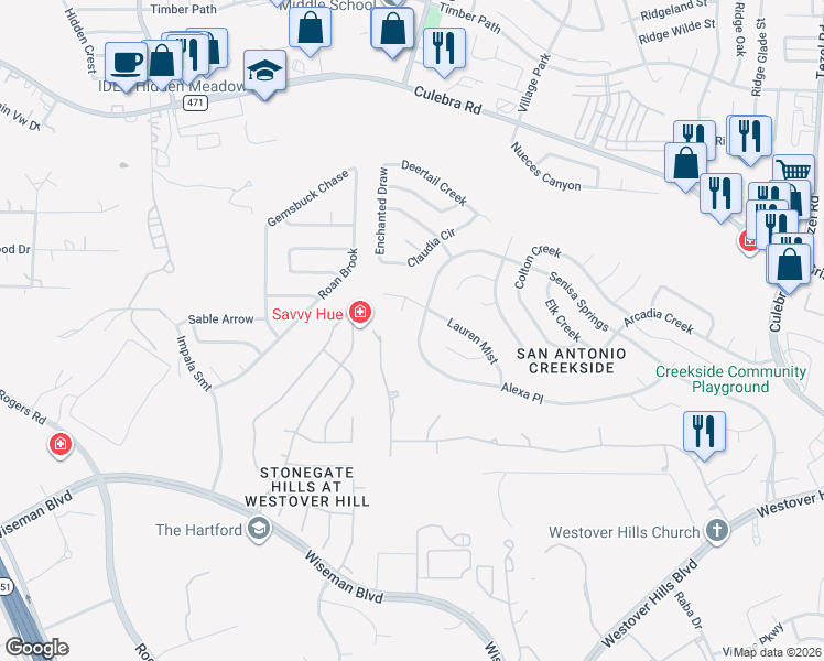 map of restaurants, bars, coffee shops, grocery stores, and more near 4503 Shay Circle in San Antonio