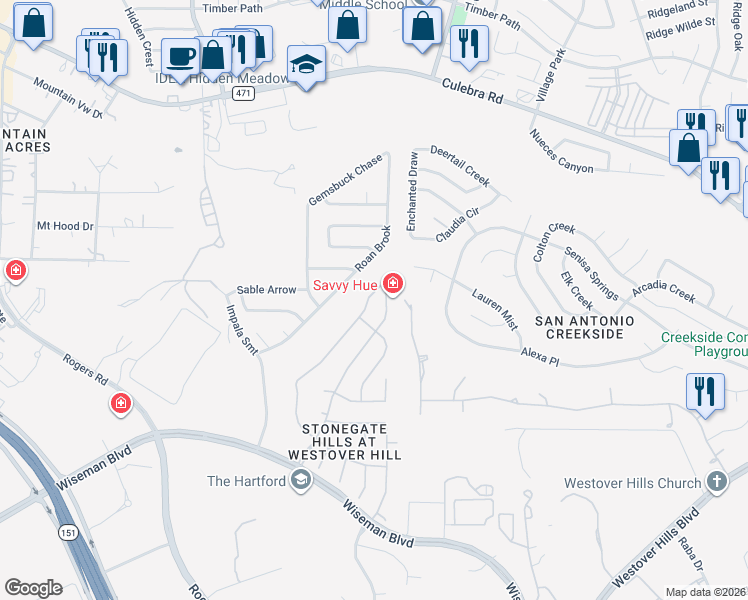 map of restaurants, bars, coffee shops, grocery stores, and more near 4938 Ranchers Ridge in San Antonio