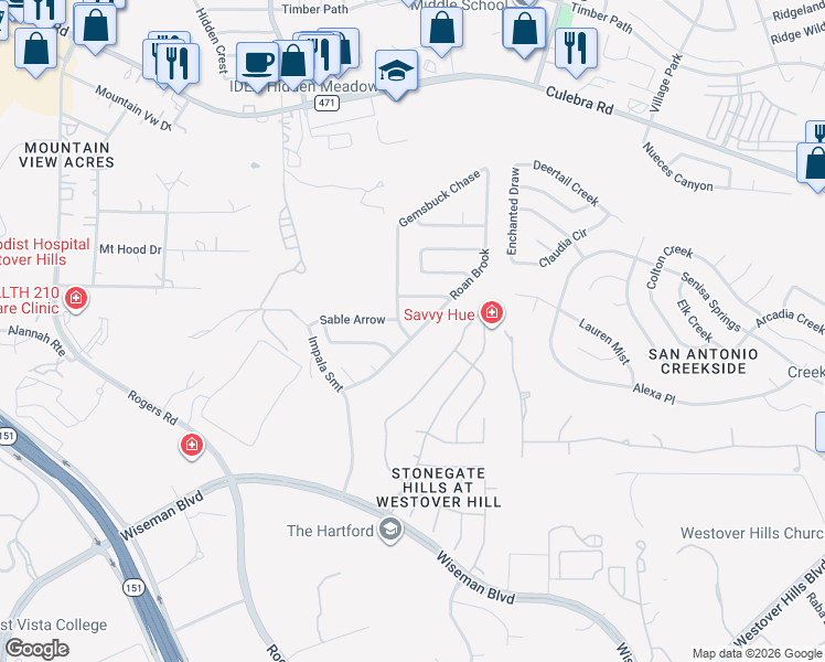 map of restaurants, bars, coffee shops, grocery stores, and more near 4914 Gemsbuck Chase in San Antonio