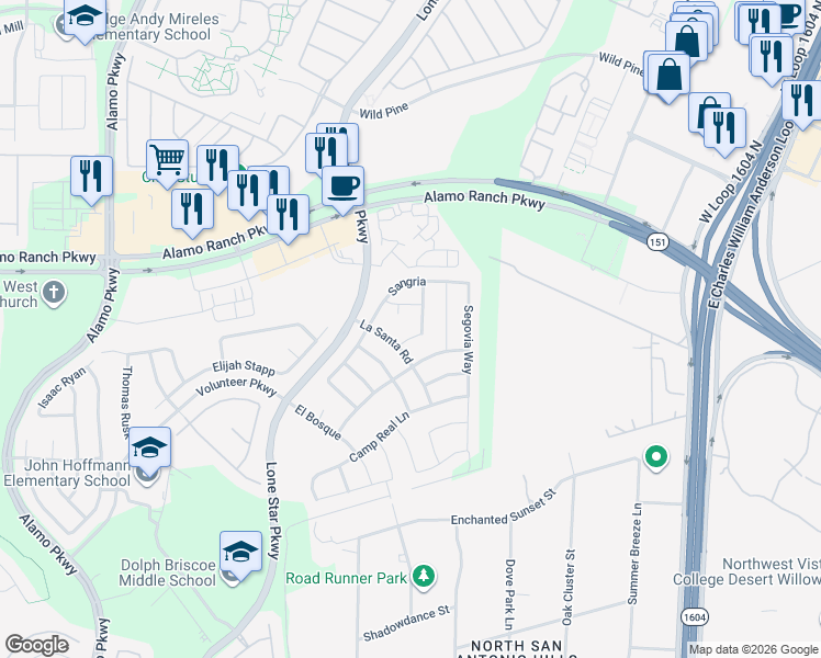 map of restaurants, bars, coffee shops, grocery stores, and more near 5007 Miro in San Antonio