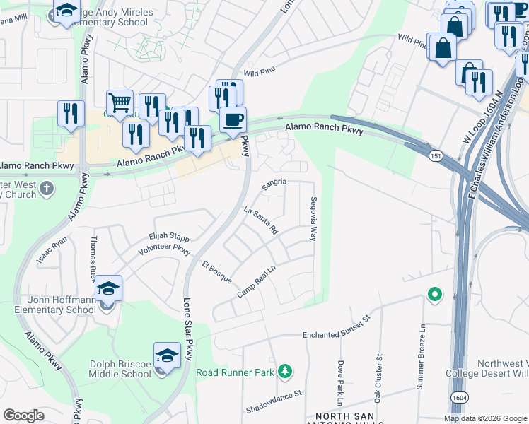 map of restaurants, bars, coffee shops, grocery stores, and more near 5007 Miro in San Antonio
