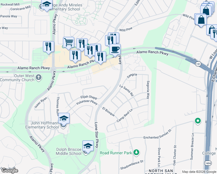 map of restaurants, bars, coffee shops, grocery stores, and more near 11507 Elijah Stapp in San Antonio