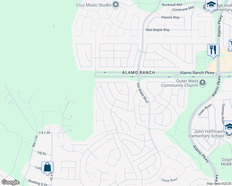 map of restaurants, bars, coffee shops, grocery stores, and more near 12762 Lazy Dove in San Antonio