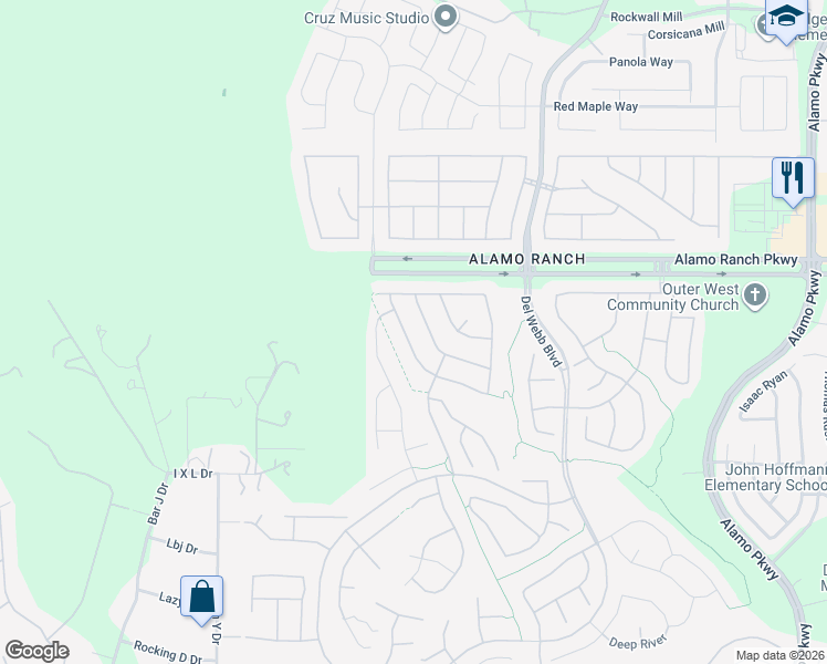 map of restaurants, bars, coffee shops, grocery stores, and more near 12915 Pronghorn Oak in San Antonio