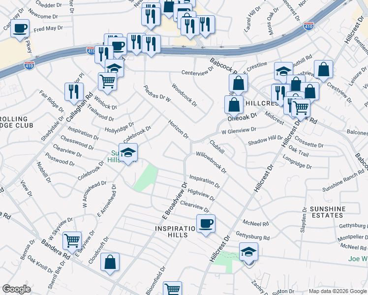 map of restaurants, bars, coffee shops, grocery stores, and more near 5510 Horizon Drive in San Antonio