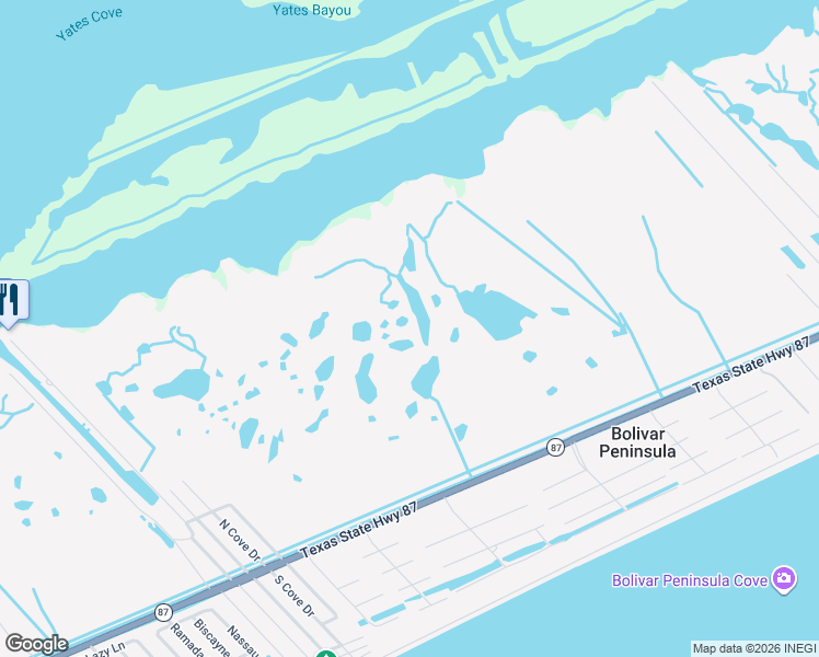 map of restaurants, bars, coffee shops, grocery stores, and more near 3304 State Highway 87 in Bolivar Peninsula