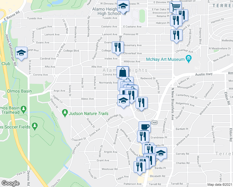 map of restaurants, bars, coffee shops, grocery stores, and more near 1215 Townsend Avenue in Alamo Heights