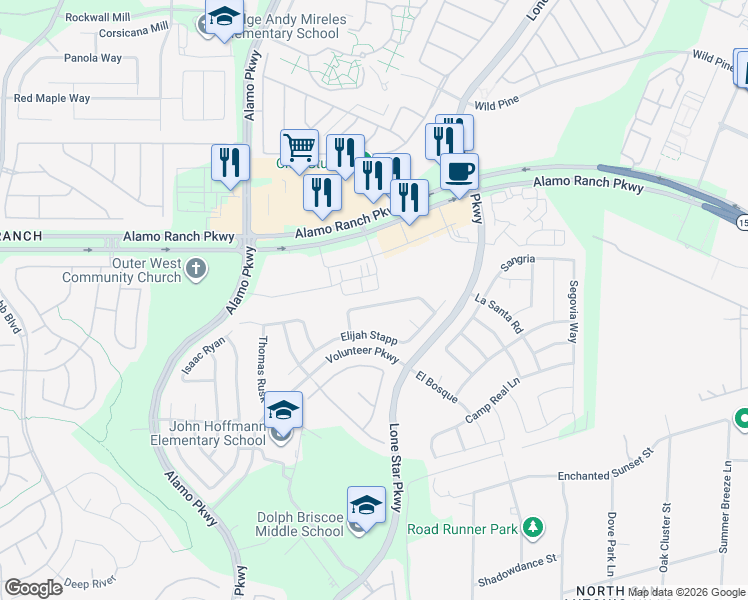map of restaurants, bars, coffee shops, grocery stores, and more near 11911 William Carey in San Antonio
