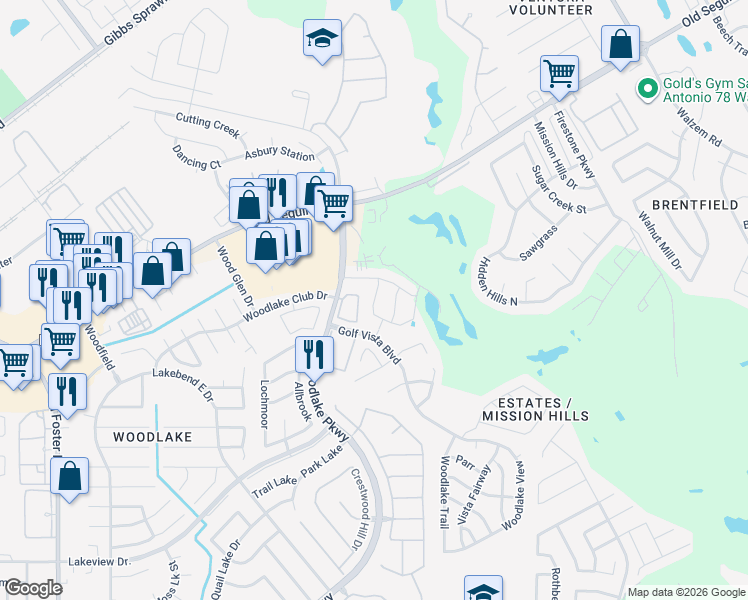 map of restaurants, bars, coffee shops, grocery stores, and more near 6100 Woodlake Pkwy in San Antonio