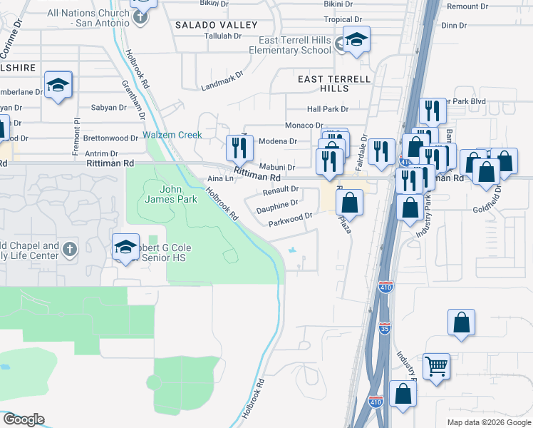 map of restaurants, bars, coffee shops, grocery stores, and more near 6002 Hillman Drive in San Antonio