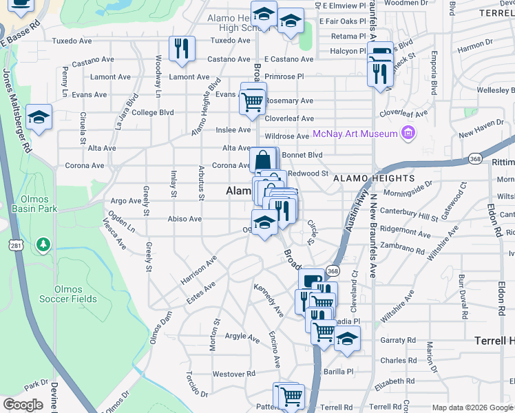 map of restaurants, bars, coffee shops, grocery stores, and more near in Alamo Heights
