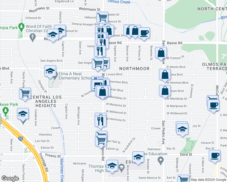 map of restaurants, bars, coffee shops, grocery stores, and more near 547 Thorain Boulevard in San Antonio