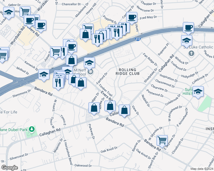 map of restaurants, bars, coffee shops, grocery stores, and more near 5419 Clover Drive in San Antonio