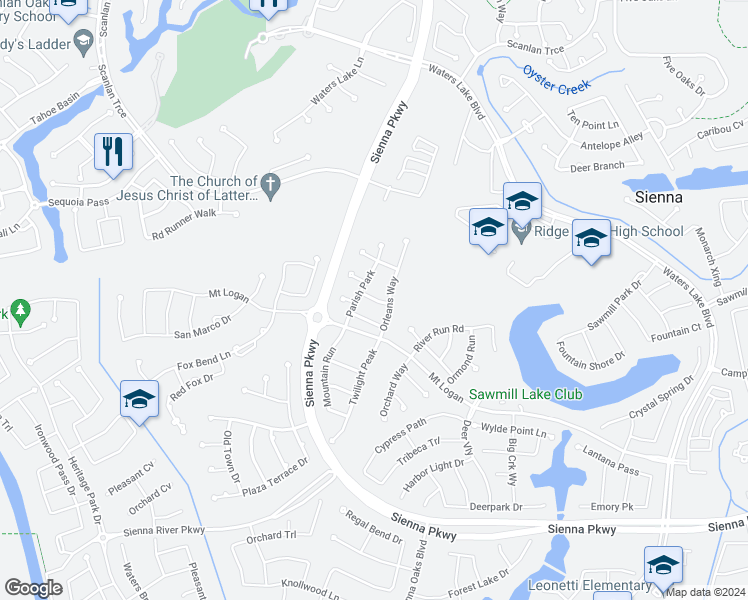 map of restaurants, bars, coffee shops, grocery stores, and more near Tensas Way in Sienna Plantation