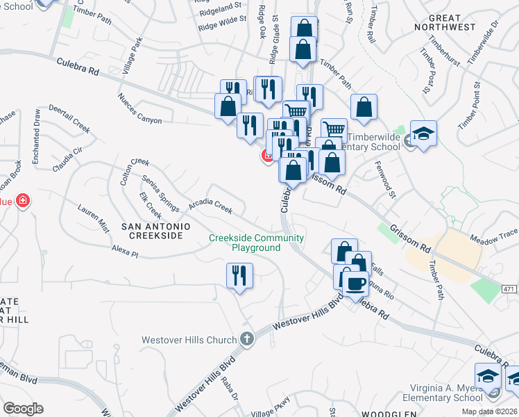 map of restaurants, bars, coffee shops, grocery stores, and more near 5019 Shara Mist in San Antonio