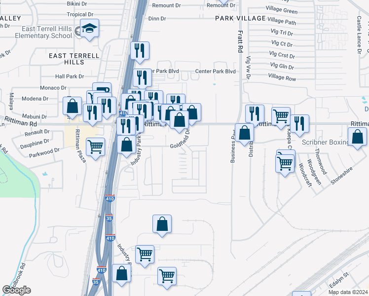 map of restaurants, bars, coffee shops, grocery stores, and more near 4728 Goldfield in San Antonio