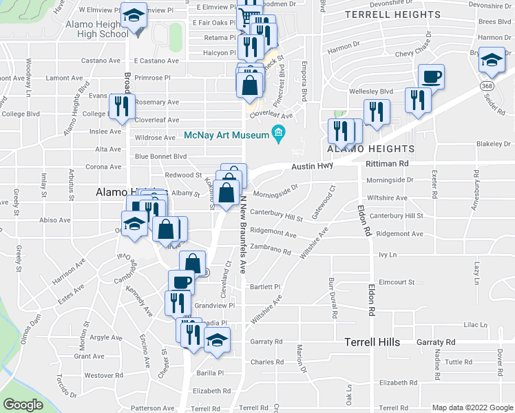 map of restaurants, bars, coffee shops, grocery stores, and more near 115 Canterbury Hill Street in San Antonio
