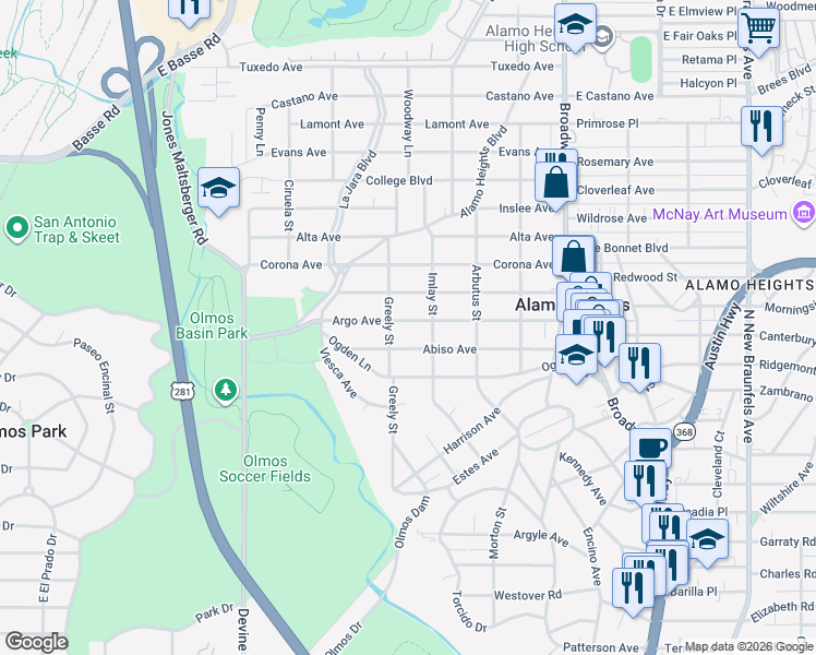map of restaurants, bars, coffee shops, grocery stores, and more near 424 Argo Avenue in San Antonio
