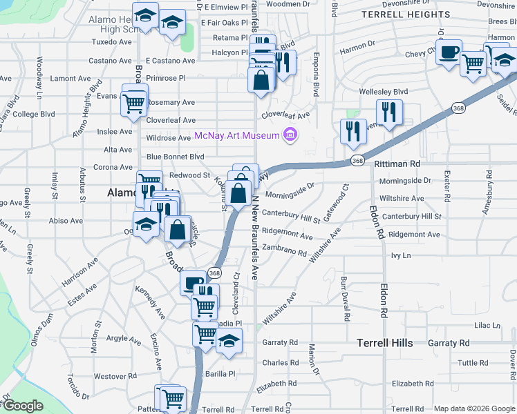 map of restaurants, bars, coffee shops, grocery stores, and more near 115 Canterbury Hill Street in San Antonio