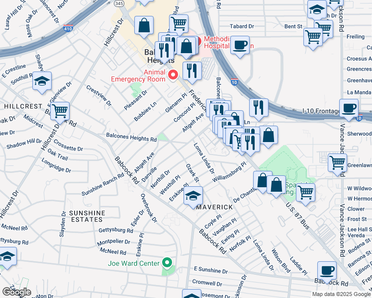map of restaurants, bars, coffee shops, grocery stores, and more near 114 Danville Avenue in San Antonio