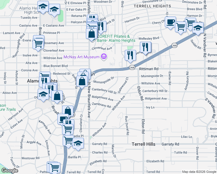 map of restaurants, bars, coffee shops, grocery stores, and more near 134 Morningside Drive in San Antonio