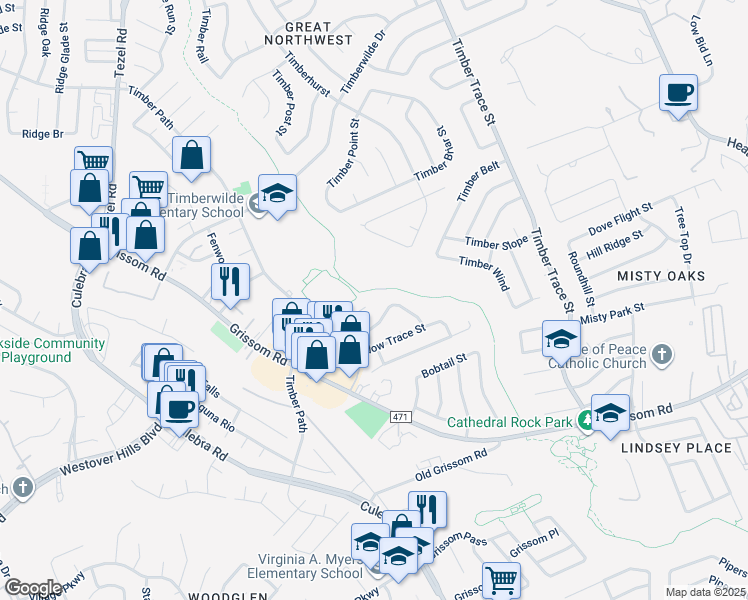 map of restaurants, bars, coffee shops, grocery stores, and more near 5204 Meadow Field in San Antonio
