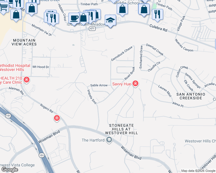 map of restaurants, bars, coffee shops, grocery stores, and more near 9919 Sable Arrow in San Antonio