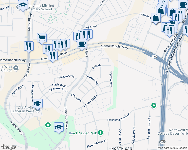 map of restaurants, bars, coffee shops, grocery stores, and more near 5007 Miro in San Antonio