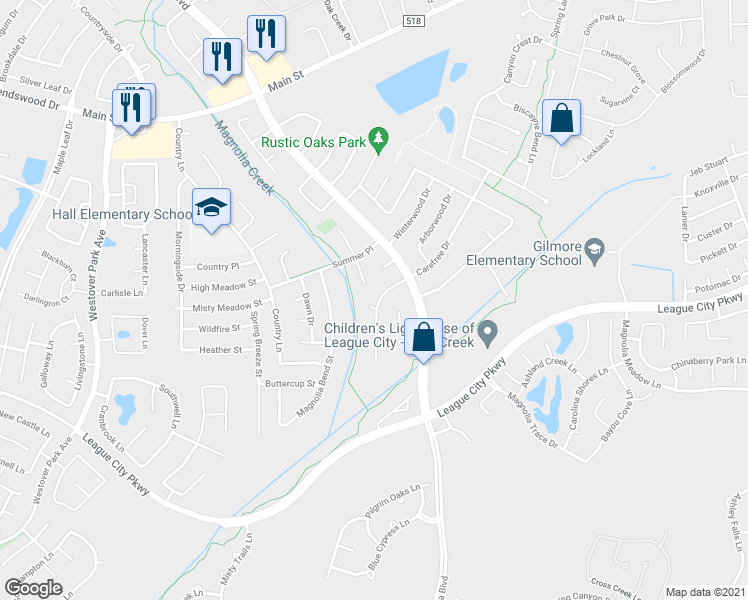 map of restaurants, bars, coffee shops, grocery stores, and more near 5402 Carefree Circle in League City