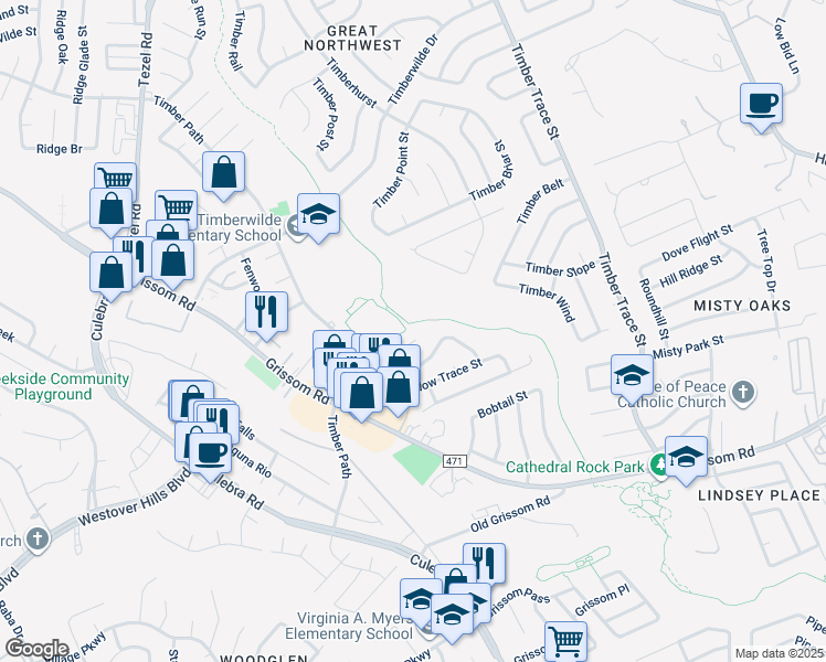 map of restaurants, bars, coffee shops, grocery stores, and more near 5204 Meadow Field in San Antonio