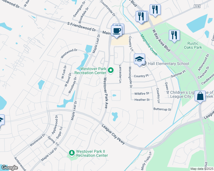 map of restaurants, bars, coffee shops, grocery stores, and more near 6137 Carlisle Lane in League City