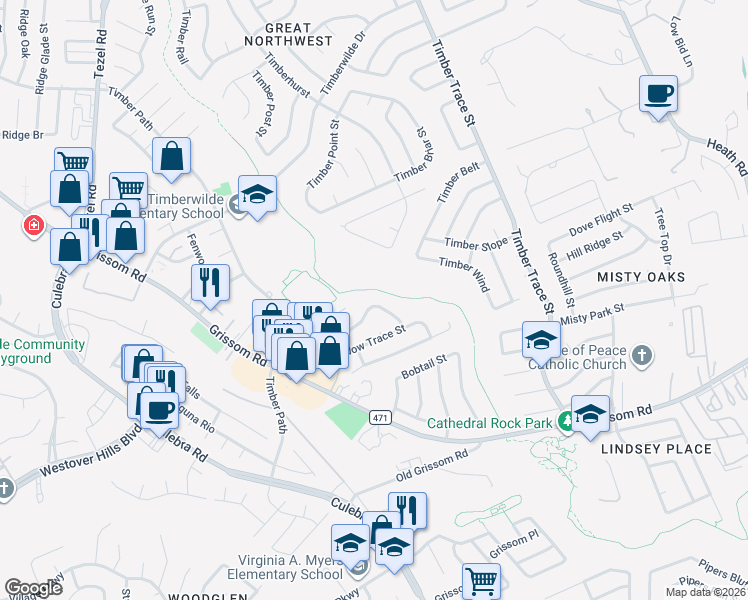 map of restaurants, bars, coffee shops, grocery stores, and more near 5234 Meadow Rise Street in San Antonio