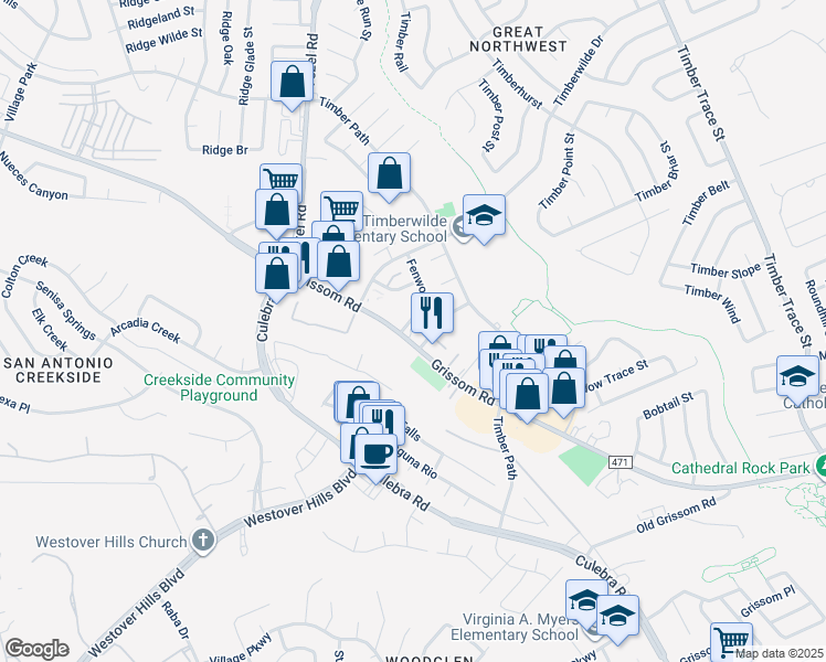 map of restaurants, bars, coffee shops, grocery stores, and more near 9005 Grissom Road in San Antonio