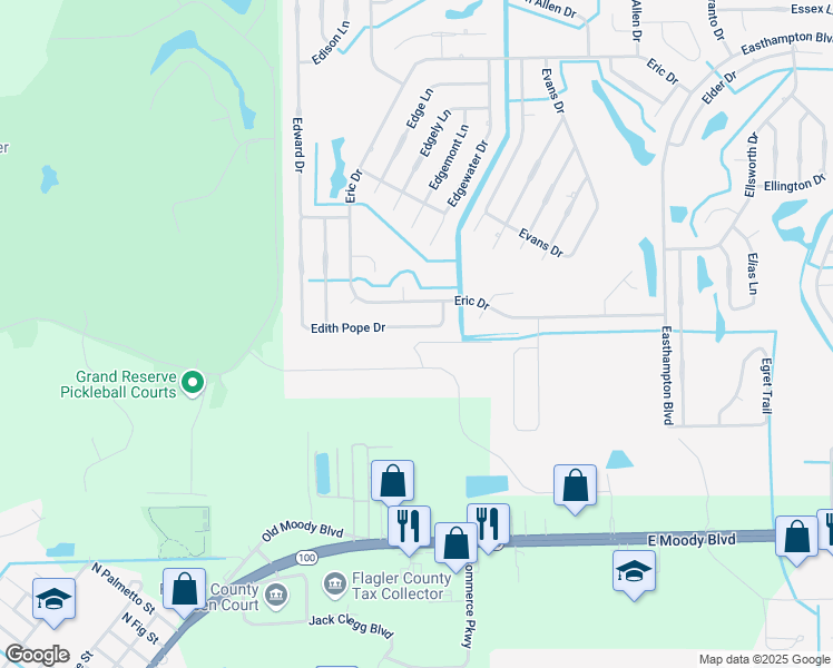 map of restaurants, bars, coffee shops, grocery stores, and more near 21 Edith Pope Drive in Palm Coast