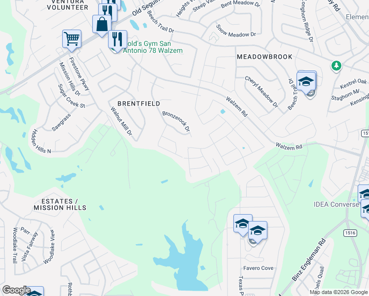 map of restaurants, bars, coffee shops, grocery stores, and more near 5723 Soothing Water in San Antonio