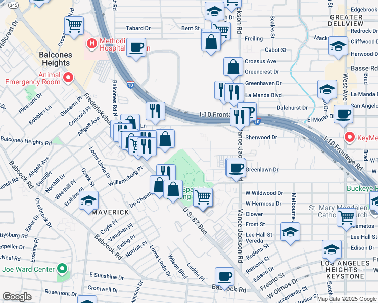 map of restaurants, bars, coffee shops, grocery stores, and more near 232 Renner Drive in San Antonio