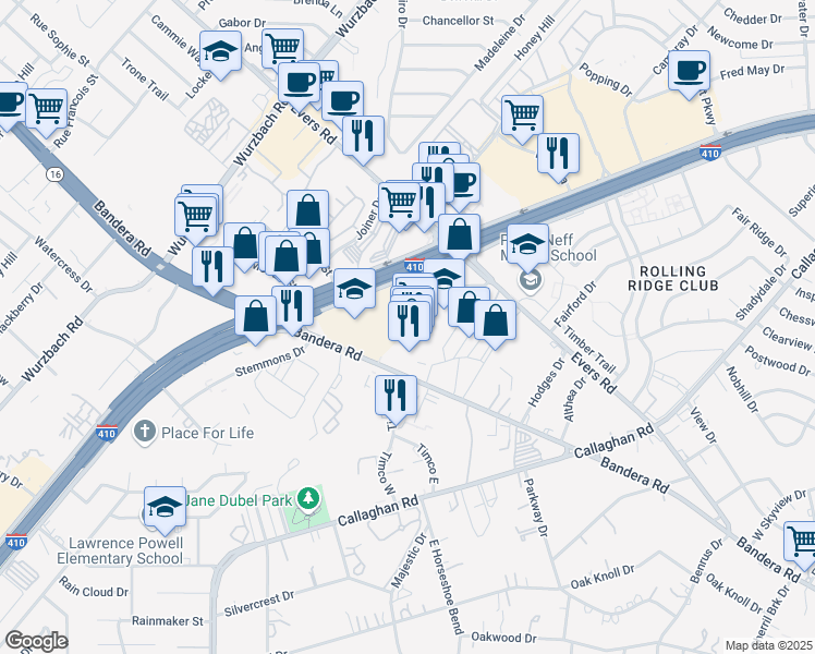 map of restaurants, bars, coffee shops, grocery stores, and more near 5601 Bandera Road in San Antonio