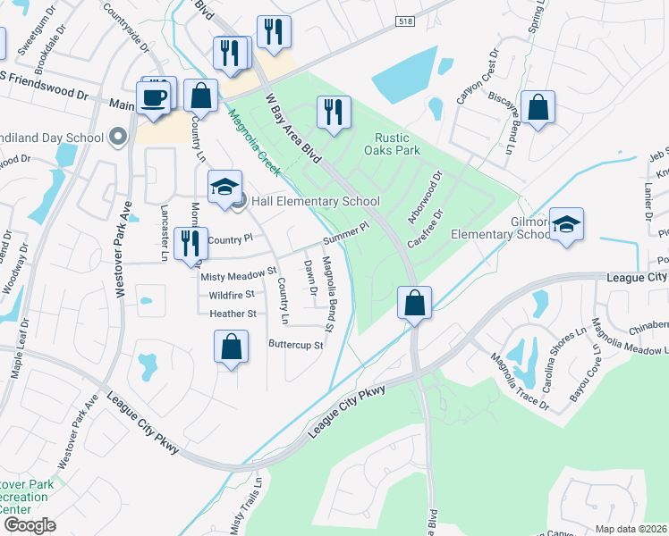 map of restaurants, bars, coffee shops, grocery stores, and more near 512 Magnolia Bend Street in League City