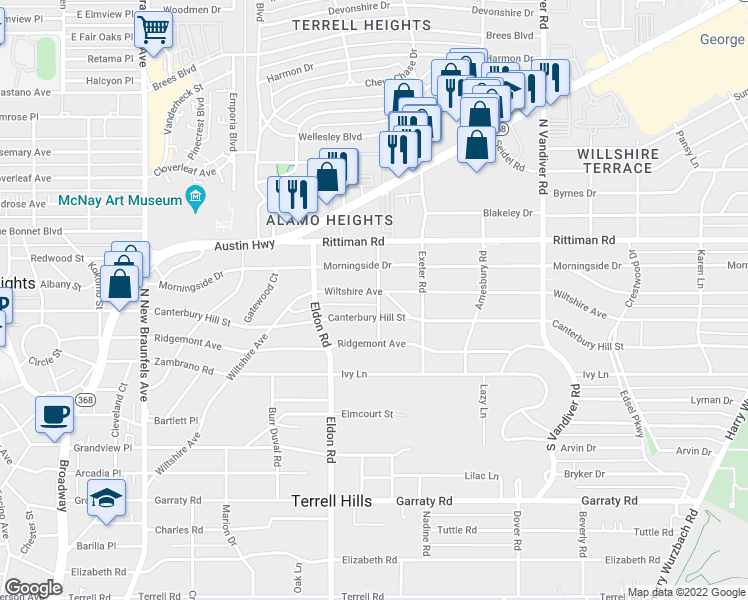 map of restaurants, bars, coffee shops, grocery stores, and more near 842 Wiltshire Avenue in San Antonio