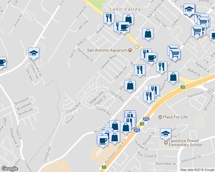 map of restaurants, bars, coffee shops, grocery stores, and more near 5 Crystal Bow in San Antonio