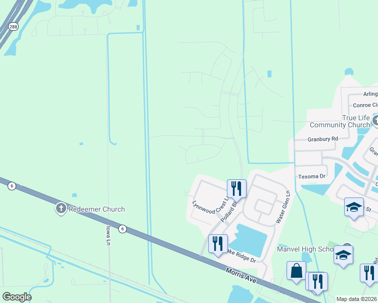 map of restaurants, bars, coffee shops, grocery stores, and more near 7623 Water Glen Lane in Manvel