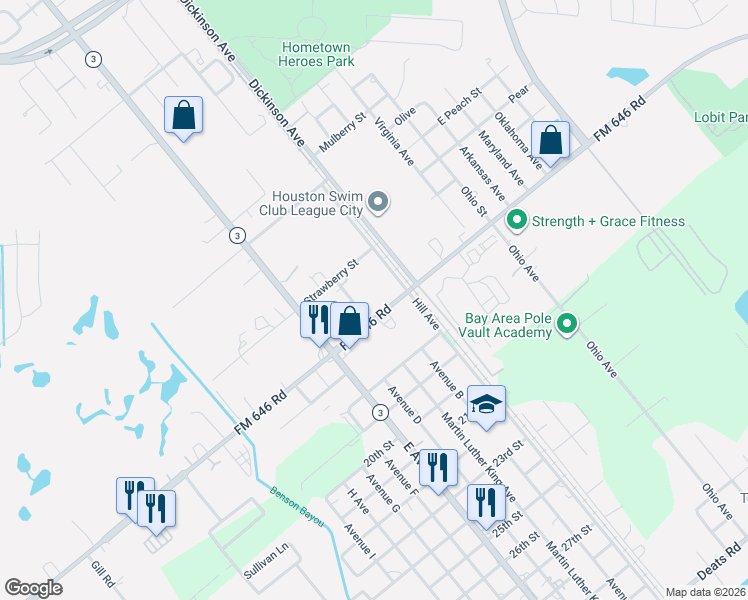 map of restaurants, bars, coffee shops, grocery stores, and more near 2905 FM 646 Road in League City