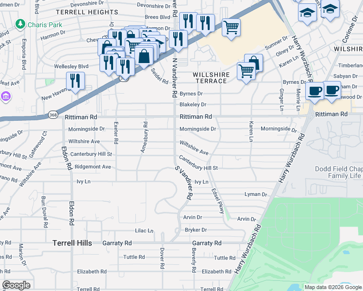 map of restaurants, bars, coffee shops, grocery stores, and more near 1200 Wiltshire Avenue in Terrell Hills