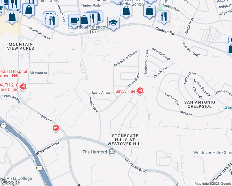 map of restaurants, bars, coffee shops, grocery stores, and more near 4914 Gemsbuck Chase in San Antonio