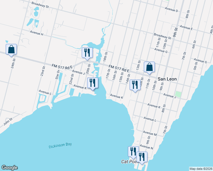 map of restaurants, bars, coffee shops, grocery stores, and more near 1015 17th Street in San Leon