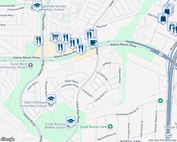 map of restaurants, bars, coffee shops, grocery stores, and more near 11507 Elijah Stapp in San Antonio