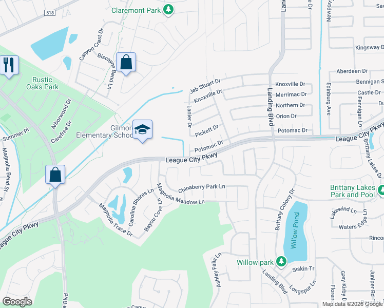 map of restaurants, bars, coffee shops, grocery stores, and more near 2915 Potomac Drive in League City